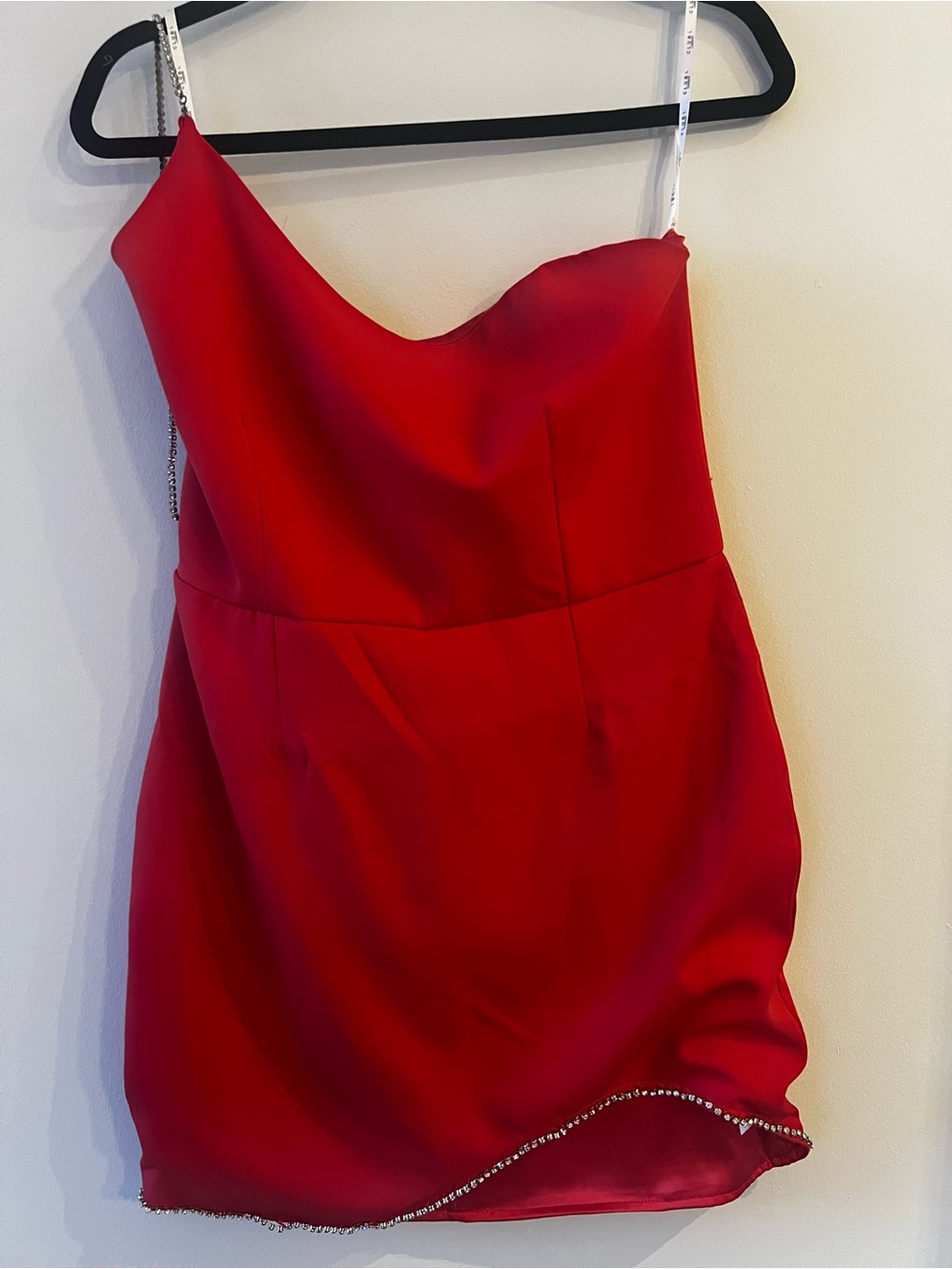 One-Shoulder Red Mini Dress with Crystal-Strap Detail
